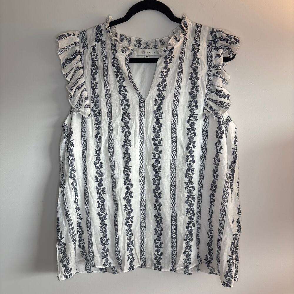 Boho Linen Look White & Navy Ruffle Tank XL Coastal Chic